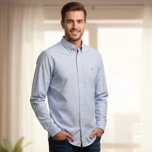 Tommy Hilfiger Oxford Striped Shirt Banker Blue White Button Down Long Sleeve S